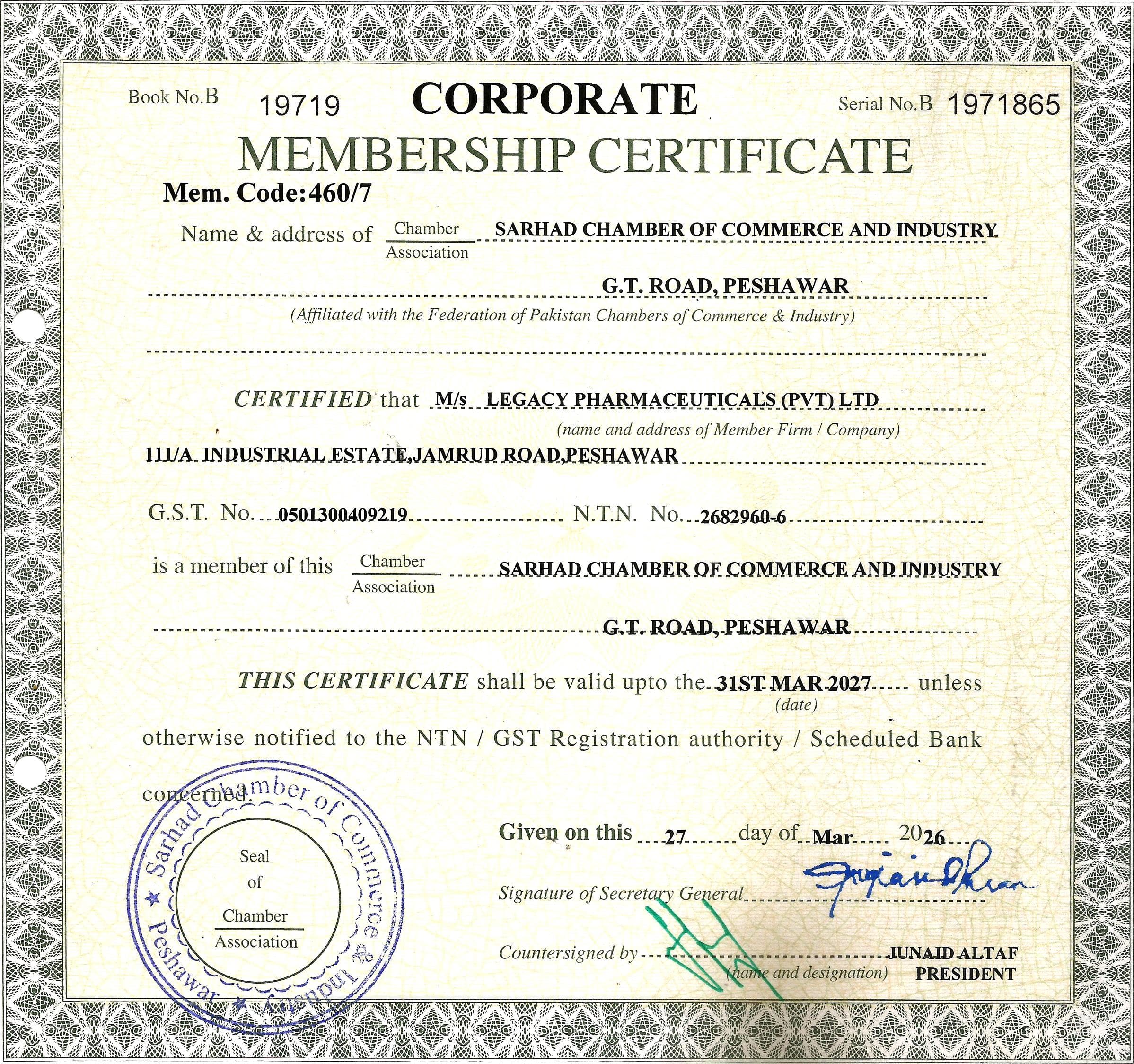 CORPORATE MEMBERSHIP CERTIFICATE